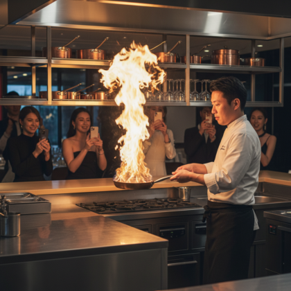 オープンキッチンを活かしたフランベ演出の魅力 アイキャッチ